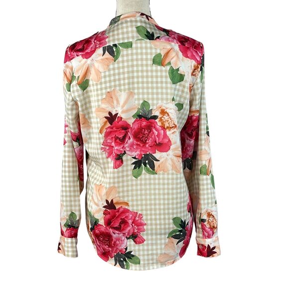 Calvin Klein Small Top Floral Checked Long Roll-Tab Sleeves V-Neck Button-Up - Picture 6 of 12